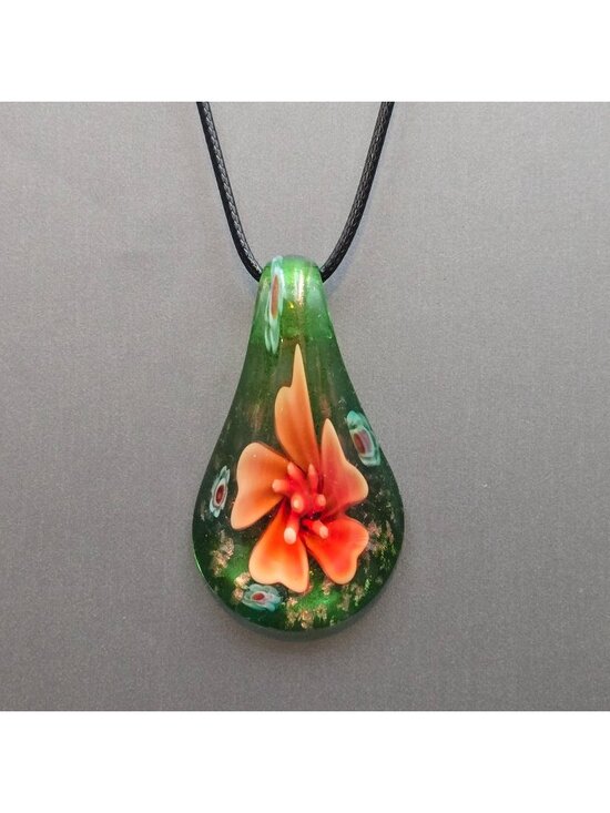 Unbranded Jewelry - Artisan Glass Teardrop Pendant Necklace Orange Floral Millefiori Gold Foil